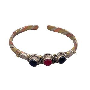 Multicolor Stone Copper Twisted Cuff Bracelet Multi-Tone Tribal Boho Gypsy
